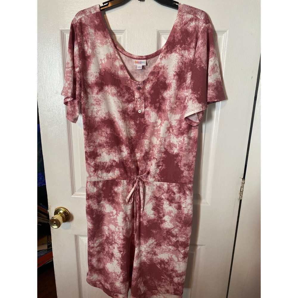 LuLaRoe Pink Tie Dye Henley Romper Short Sleeve Drawstring Waist Womens Large‎